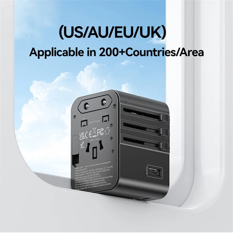 Adaptador de Viagem USAMS CC308 T68 17W Dual Type-C + USB-A Conversor Multipaís 2500W Carregador de Parede