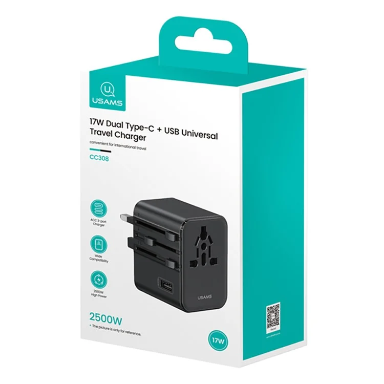 Adaptador de Viagem USAMS CC308 T68 17W Dual Type-C + USB-A Conversor Multipaís 2500W Carregador de Parede