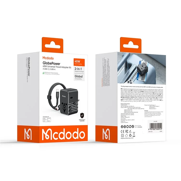 Adaptateur de voyage universel MCDODO CP-3270 MDD G5 Series 45W avec 3 USB-C + 2 USB-A et câble USB-C vers USB-C