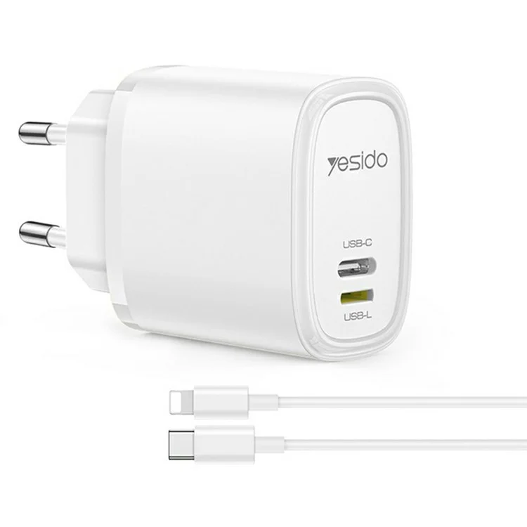 YESIDO YC90 Dual Port Travel Charger USB-C + USB-L 12W Fast Charger with 1m Cable for Iphone / Android - UK Plug