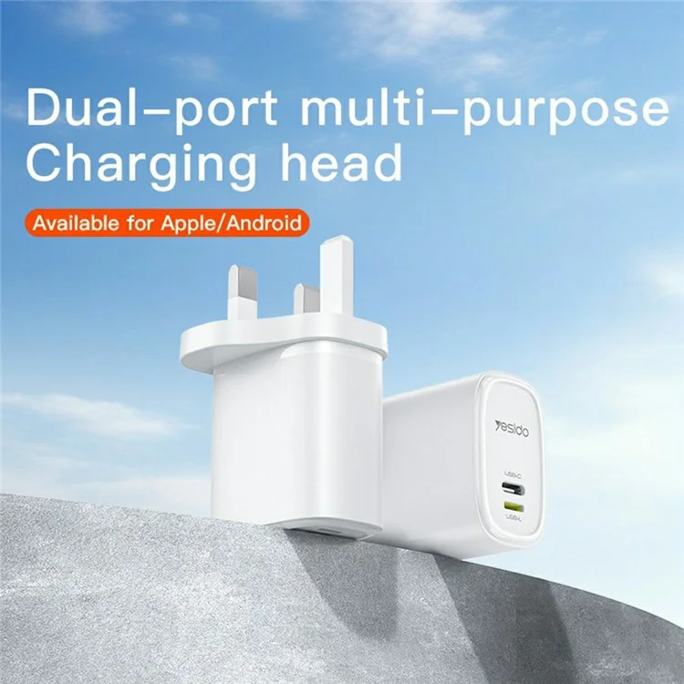 YESIDO YC90 Dual Port Travel Charger USB-C + USB-L 12W Fast Charger with 1m Cable for Iphone / Android - UK Plug