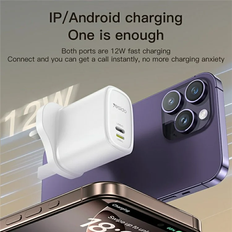 YESIDO YC90 Dual Port Travel Charger USB-C + USB-L 12W Fast Charger with 1m Cable for Iphone / Android - UK Plug