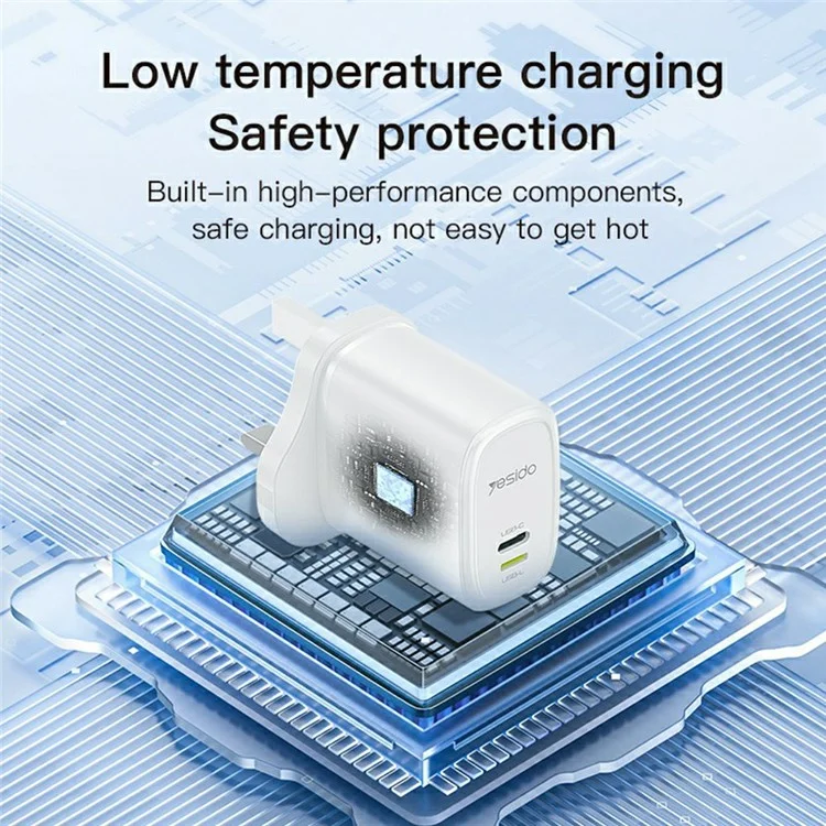 YESIDO YC90 Dual Port Travel Charger USB-C + USB-L 12W Fast Charger with 1m Cable for Iphone / Android - UK Plug