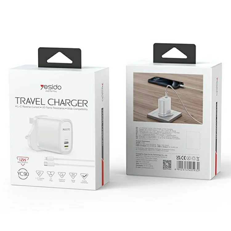 YESIDO YC90 Dual Port Travel Charger USB-C + USB-L 12W Fast Charger with 1m Cable for Iphone / Android - UK Plug
