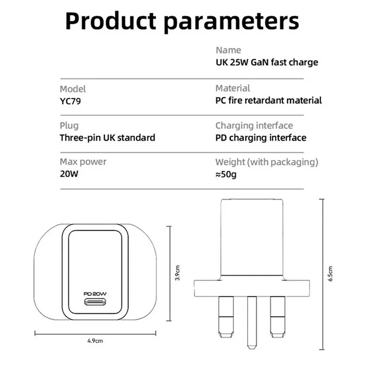 YESIDO YC79 Single USB-C Port GaN Charger PD 20W Fast Charging Wall Charger, UK Plug for Smartphone  /  Tablet