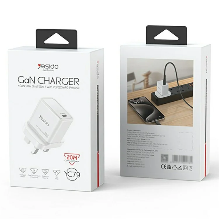 YESIDO YC79 Single USB-C Port GaN Charger PD 20W Fast Charging Wall Charger, UK Plug for Smartphone  /  Tablet