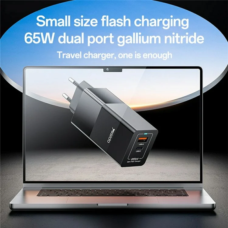 YESIDO YC73 Caricabatterie USB-C / USB-A a Doppia Porta GaN 65W con Ricarica Rapida per Telefono / Tablet - Spina EU