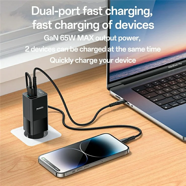 YESIDO YC73 Caricabatterie USB-C / USB-A a Doppia Porta GaN 65W con Ricarica Rapida per Telefono / Tablet - Spina EU