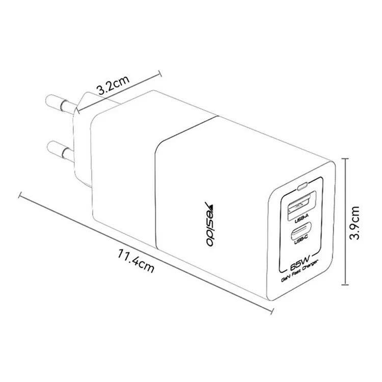 YESIDO YC73 Caricabatterie USB-C / USB-A a Doppia Porta GaN 65W con Ricarica Rapida per Telefono / Tablet - Spina EU