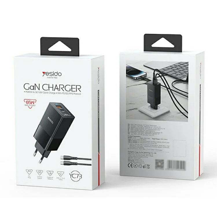 YESIDO YC73 Caricabatterie USB-C / USB-A a Doppia Porta GaN 65W con Ricarica Rapida per Telefono / Tablet - Spina EU