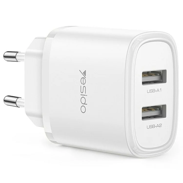 YESIDO YC72 USB-A Dual Port Charger 12W Fast Charging Travel Wall Charger Adapter - EU Plug