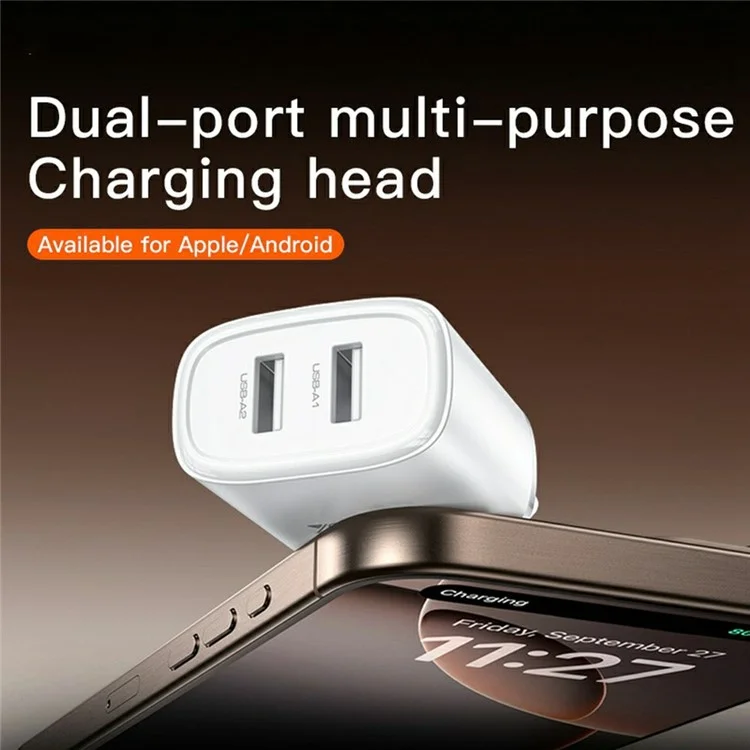 YESIDO YC72 USB-A Dual Port Charger 12W Fast Charging Travel Wall Charger Adapter - EU Plug