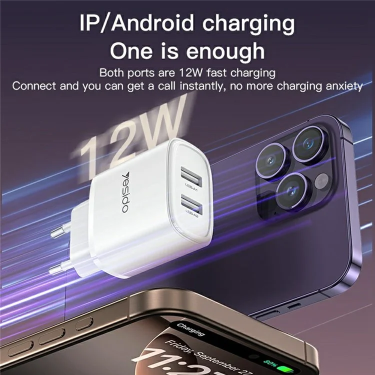 YESIDO YC72 USB-A Dual Port Charger 12W Fast Charging Travel Wall Charger Adapter - EU Plug