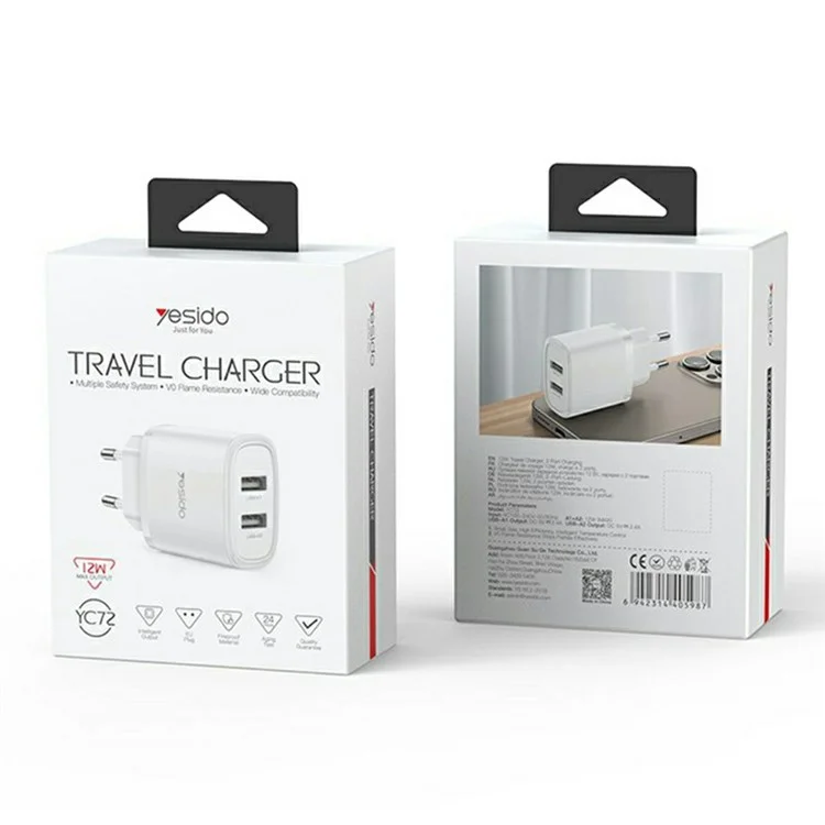 YESIDO YC72 USB-A Dual Port Charger 12W Fast Charging Travel Wall Charger Adapter - EU Plug