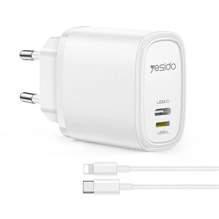 YESIDO YC71 Caricabatterie da muro USB-C+USB-L a doppia porta da 12W con adattatore di ricarica rapida - Spina EU