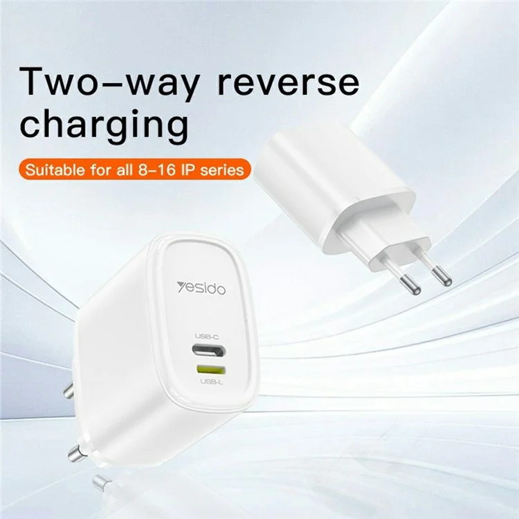 YESIDO YC71 Caricabatterie da muro USB-C+USB-L a doppia porta da 12W con adattatore di ricarica rapida - Spina EU
