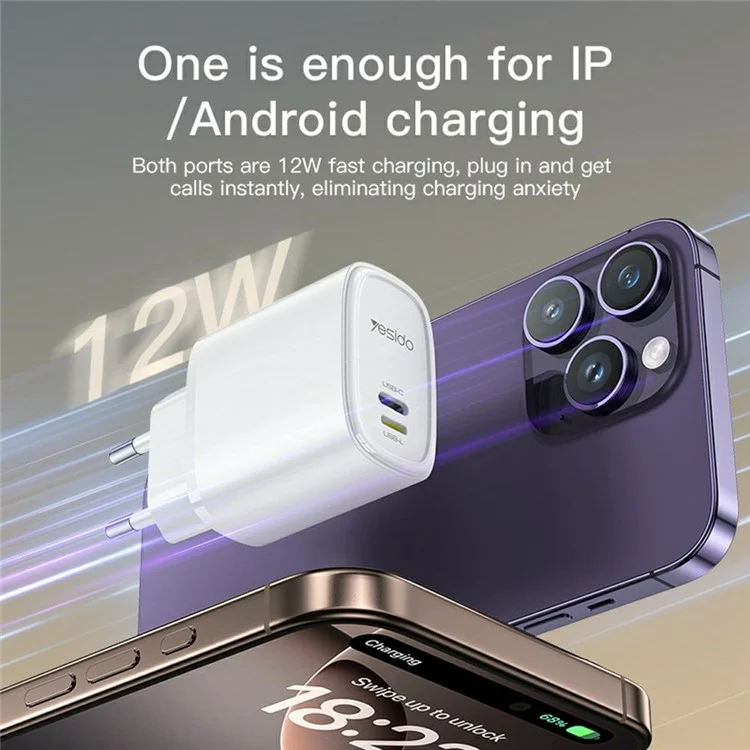 YESIDO YC71 Caricabatterie da muro USB-C+USB-L a doppia porta da 12W con adattatore di ricarica rapida - Spina EU