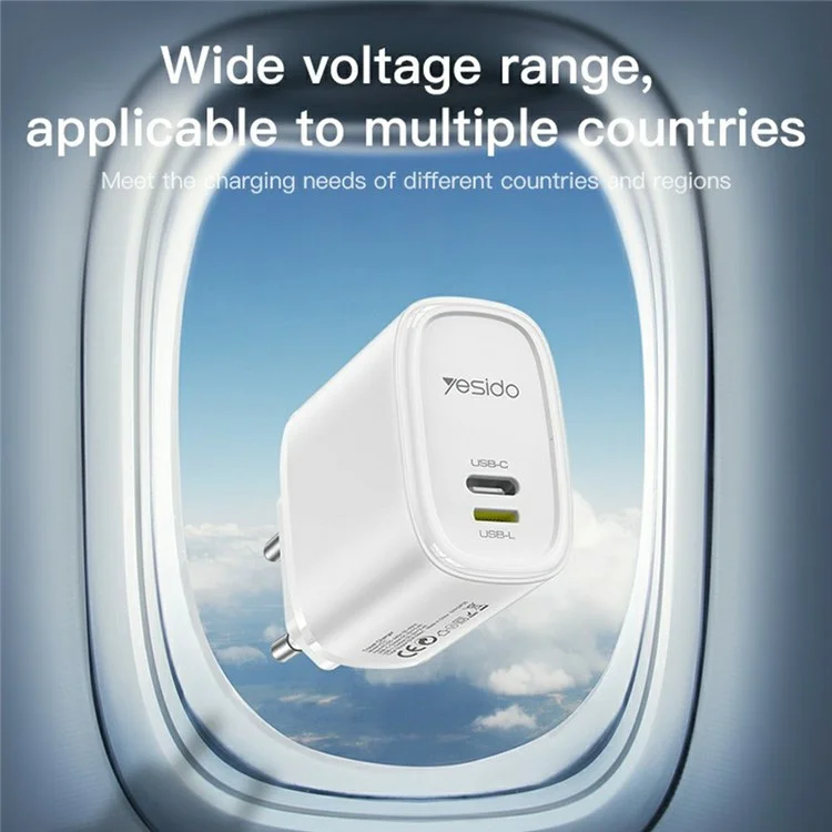 YESIDO YC71 Caricabatterie da muro USB-C+USB-L a doppia porta da 12W con adattatore di ricarica rapida - Spina EU