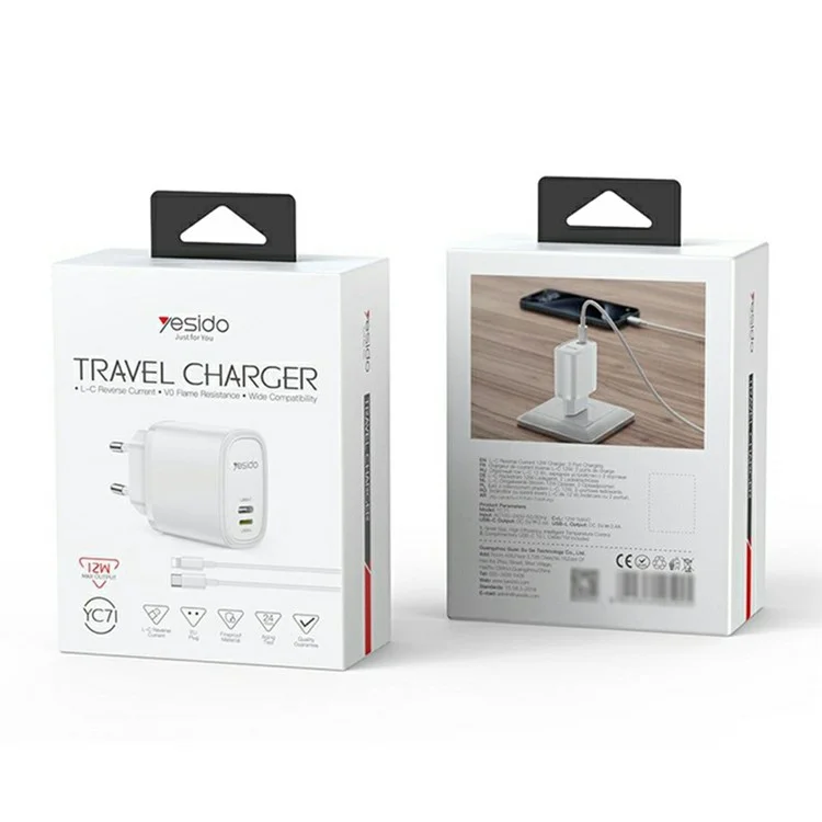 YESIDO YC71 Caricabatterie da muro USB-C+USB-L a doppia porta da 12W con adattatore di ricarica rapida - Spina EU