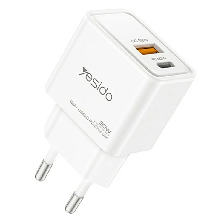 YESIDO YC61 Caricabatterie da viaggio GaN USB-C / USB-A Doppia porta PD 20W QC 18W Caricabatterie rapido - Spina EU