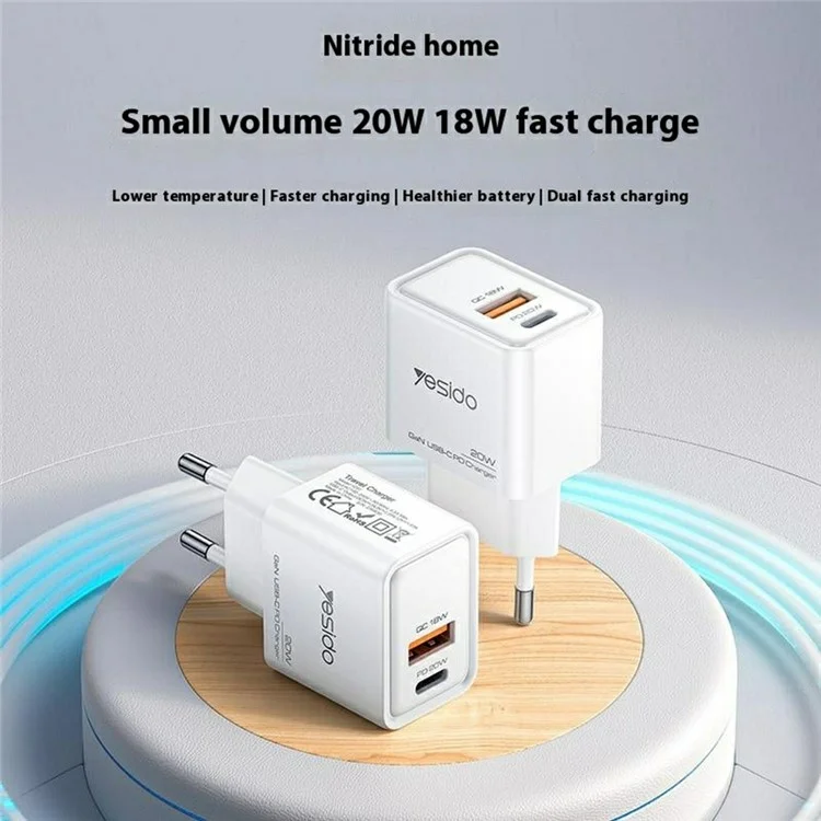 YESIDO YC61 Caricabatterie da viaggio GaN USB-C / USB-A Doppia porta PD 20W QC 18W Caricabatterie rapido - Spina EU