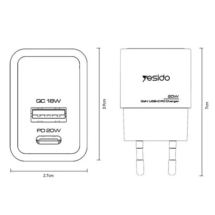 YESIDO YC61 Caricabatterie da viaggio GaN USB-C / USB-A Doppia porta PD 20W QC 18W Caricabatterie rapido - Spina EU