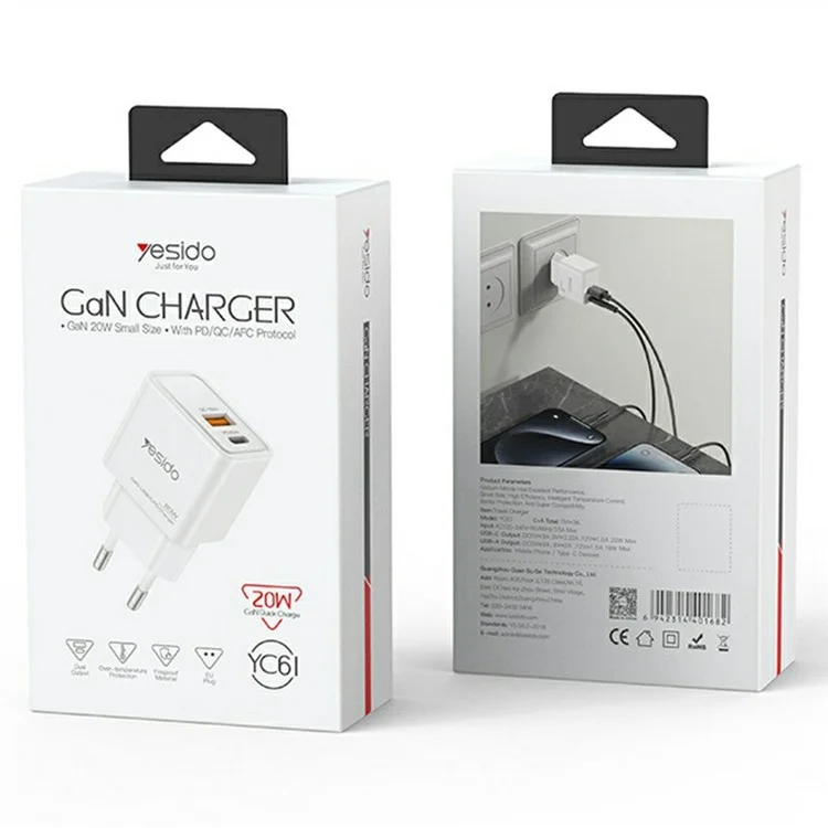 YESIDO YC61 Caricabatterie da viaggio GaN USB-C / USB-A Doppia porta PD 20W QC 18W Caricabatterie rapido - Spina EU