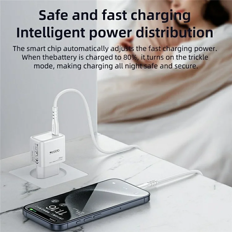 YESIDO YC60 Caricabatterie da viaggio USB-C GaN PD 20W Caricatore veloce per Telefono / Tablet - Spina EU