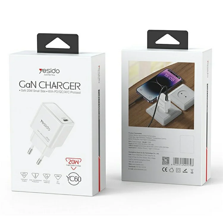 YESIDO YC60 Caricabatterie da viaggio USB-C GaN PD 20W Caricatore veloce per Telefono / Tablet - Spina EU