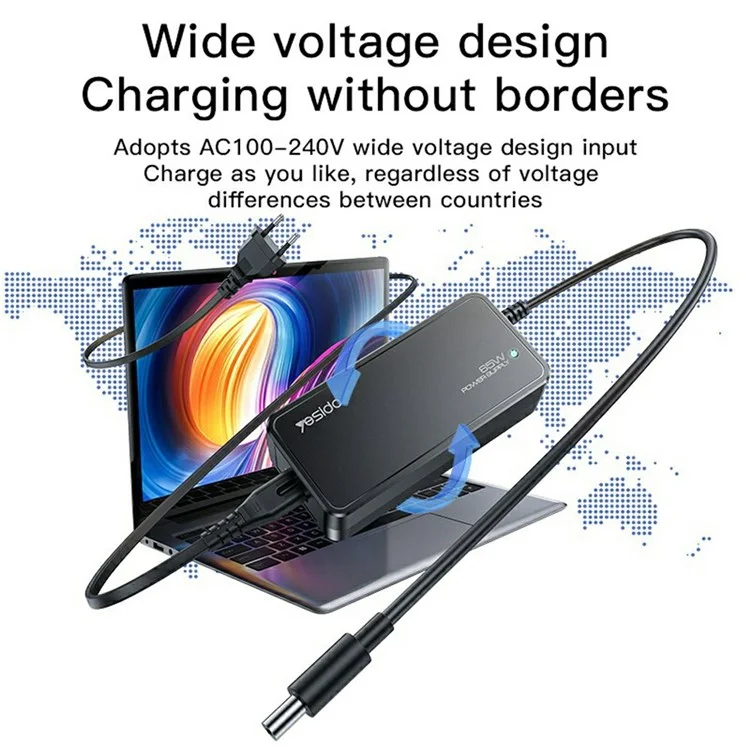 YESIDO CG11E Laptop Charger Kit 65W Fast Charging Power Adapter Compatible with Multiple Laptop Models - EU Plug