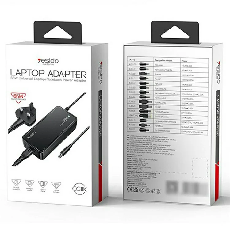 YESIDO CG11E Laptop Charger Kit 65W Power Adapter with 14 DC Connectors - UK Plug