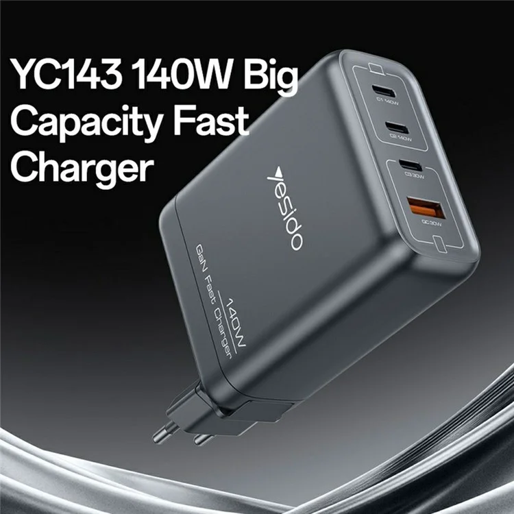 YESIDO YC143 140W USB-C Charger 4-Port USB-C + USB-A Fast Charging Wall Charger for Laptop / Phone / Tablet - UK Plug