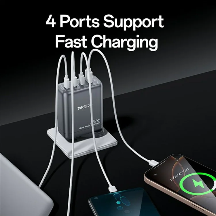 YESIDO YC143 140W USB-C Charger 4-Port USB-C + USB-A Fast Charging Wall Charger for Laptop / Phone / Tablet - UK Plug
