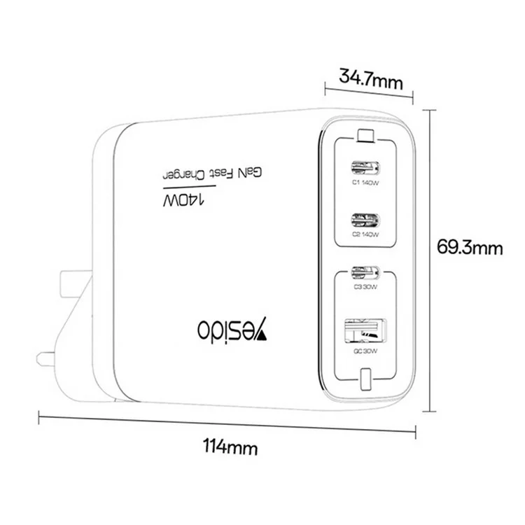 YESIDO YC143 140W USB-C Charger 4-Port USB-C + USB-A Fast Charging Wall Charger for Laptop / Phone / Tablet - UK Plug