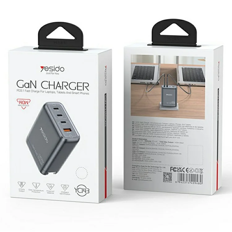 YESIDO YC143 140W USB-C Charger 4-Port USB-C + USB-A Fast Charging Wall Charger for Laptop / Phone / Tablet - UK Plug
