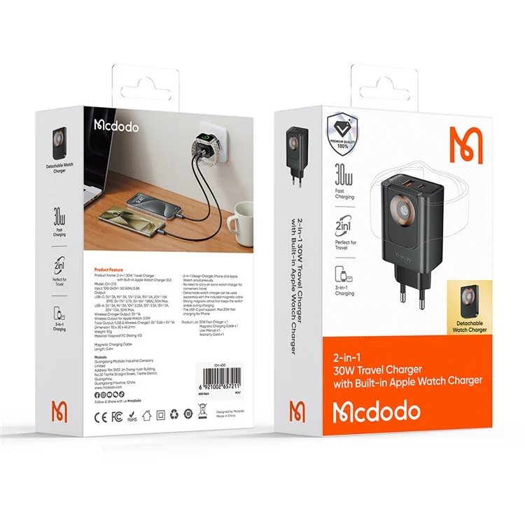 MCDODO CH-3700 2 en 1 Montre connectée + Chargeur de voyage 30W USB-A / USB-C Chargeur mural à charge rapide - Prise européenne