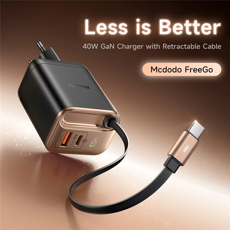 MCDODO CH-4281 Chargeur GaN 40W avec Câble Rétractable Charge Rapide USB-C / USB-A - Prise EU - Or Désert