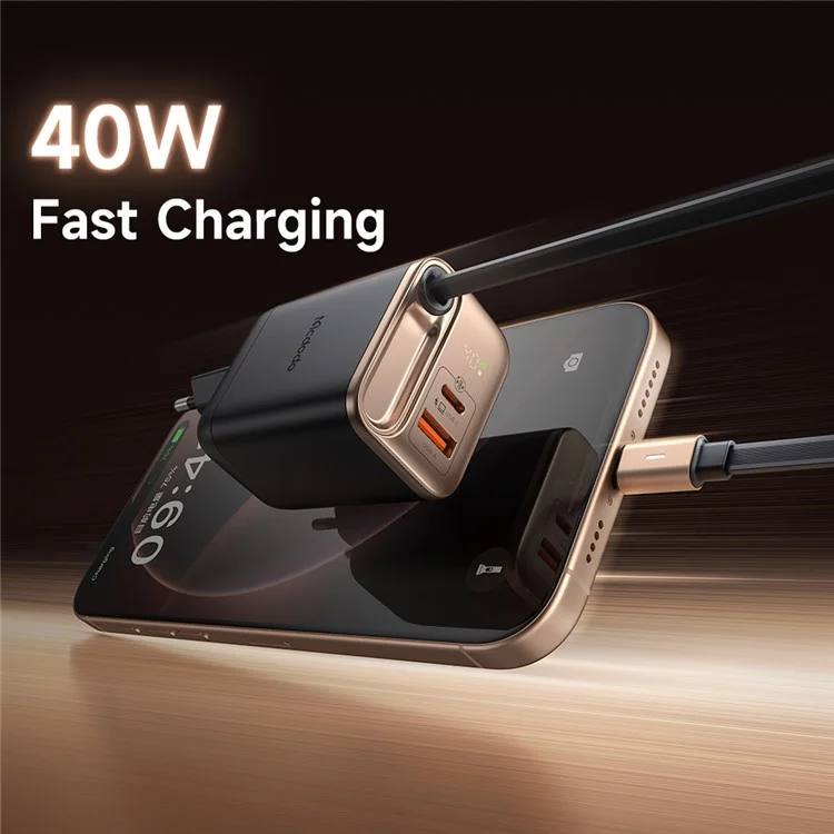MCDODO CH-4281 Chargeur GaN 40W avec Câble Rétractable Charge Rapide USB-C / USB-A - Prise EU - Or Désert