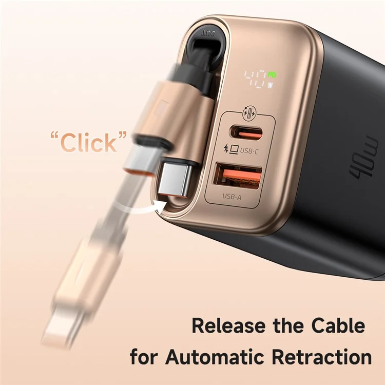 MCDODO CH-4281 Chargeur GaN 40W avec Câble Rétractable Charge Rapide USB-C / USB-A - Prise EU - Or Désert