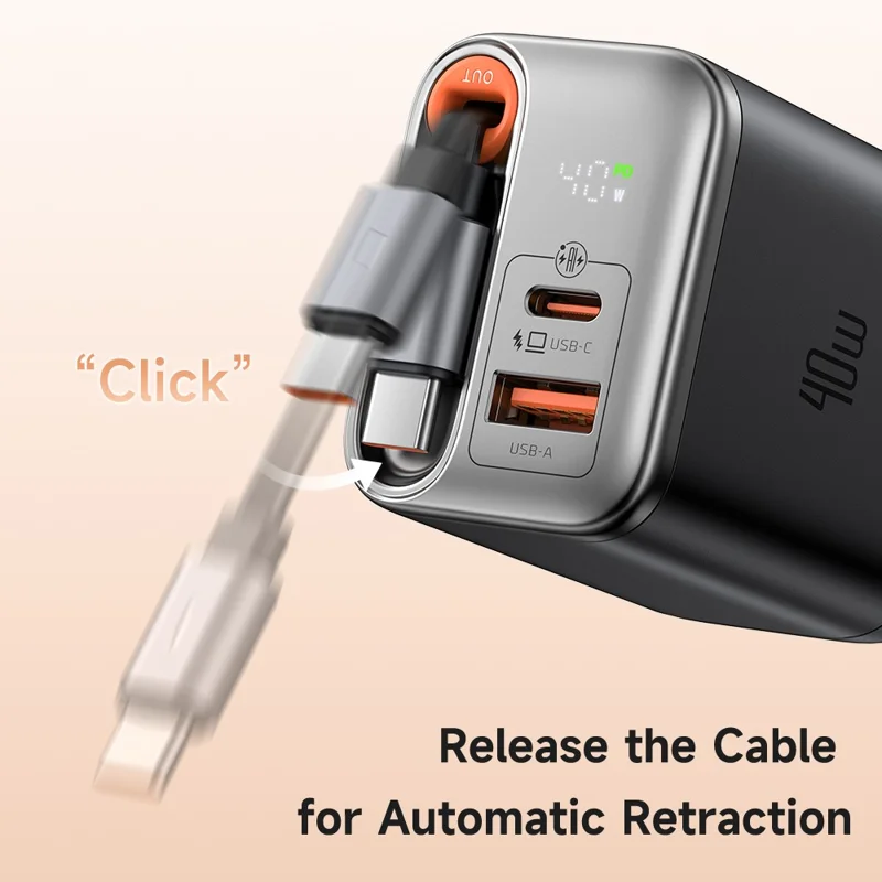 MCDODO CH-4281 40W GaN Charger with Retractable Cable Fast Charging USB-C / USB-A Charger Block - EU Plug - Black