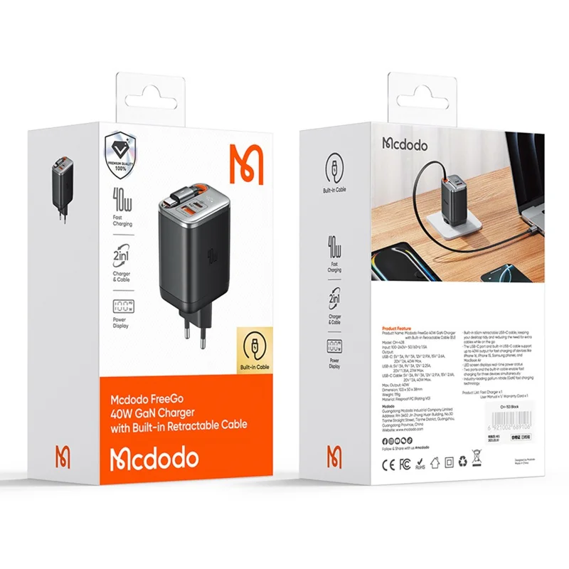 MCDODO CH-4281 40W GaN Charger with Retractable Cable Fast Charging USB-C / USB-A Charger Block - EU Plug - Black