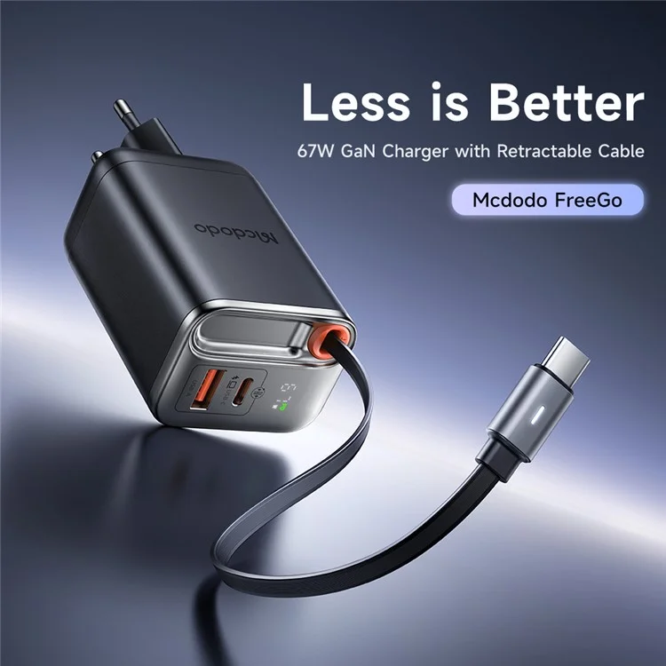 Chargeur rapide MCDODO CH-4100 GaN 67W Adaptateur de charge USB-C / USB-A avec câble rétractable pour plusieurs appareils - Prise européenne