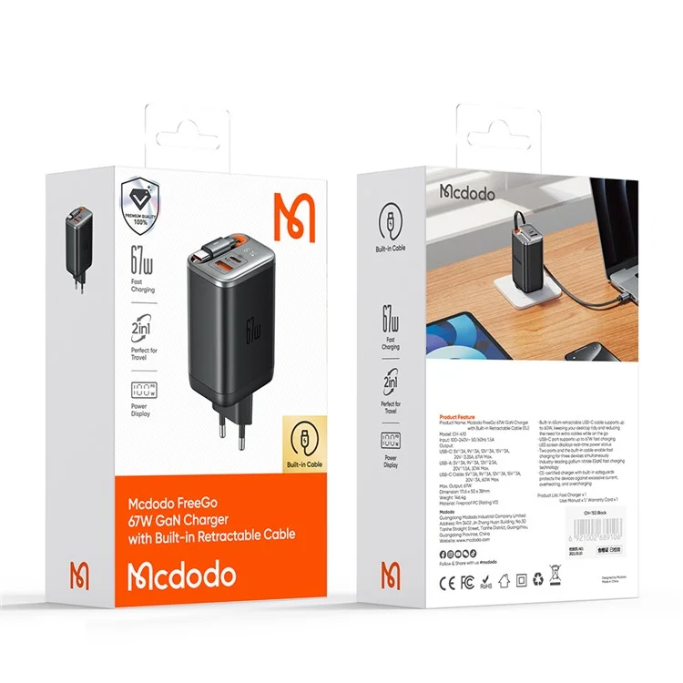 Chargeur rapide MCDODO CH-4100 GaN 67W Adaptateur de charge USB-C / USB-A avec câble rétractable pour plusieurs appareils - Prise européenne