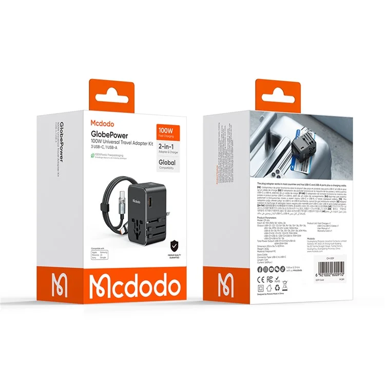 MCDODO CP-6140 MDD G5 Series 100W Universal Travel Adapter Charger 3 USB-C + USB-A Wall Charger Set with Type-C Cable