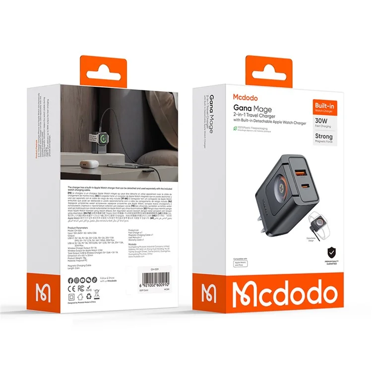 MCDODO CH-5040 MDD 2 in 1 Wall Charger with Watch Wireless Charging Portable Travel Charger 30W USB-A / USB-C - US Plug