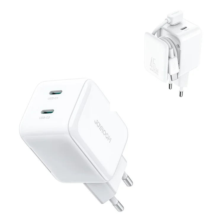 JOYROOM JR-TCL05 45W GaN Charger Fast Charging Dual Type-C Ports With Retractable Cable - EU Plug
