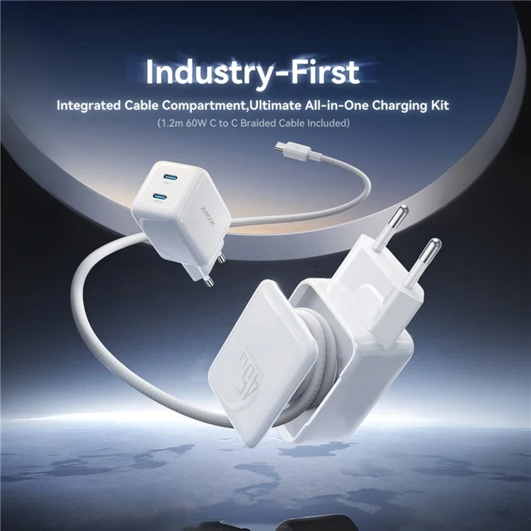 JOYROOM JR-TCL05 45W GaN Charger Fast Charging Dual Type-C Ports With Retractable Cable - EU Plug