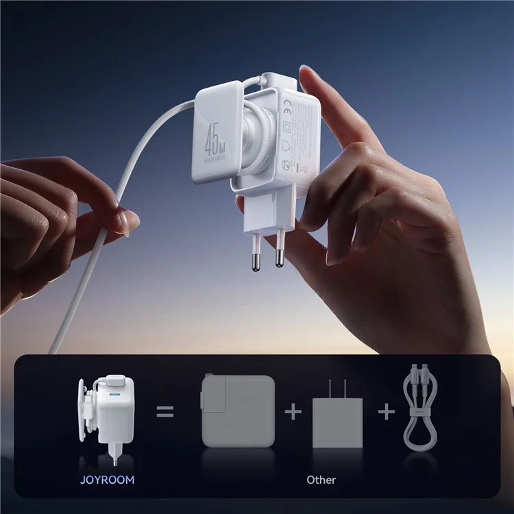 JOYROOM JR-TCL05 45W GaN Charger Fast Charging Dual Type-C Ports With Retractable Cable - EU Plug
