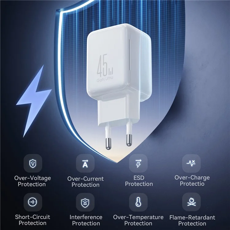 JOYROOM JR-TCL05 45W GaN Charger Fast Charging Dual Type-C Ports With Retractable Cable - EU Plug