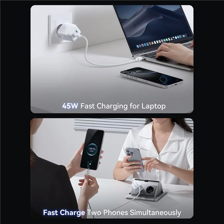 JOYROOM JR-TCL05 45W GaN Charger Fast Charging Dual Type-C Ports With Retractable Cable - EU Plug